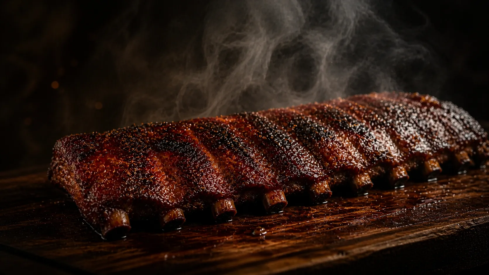 Slow-smoked baby back ribs being pulled from the smoker, wrapped in fragrant smoke