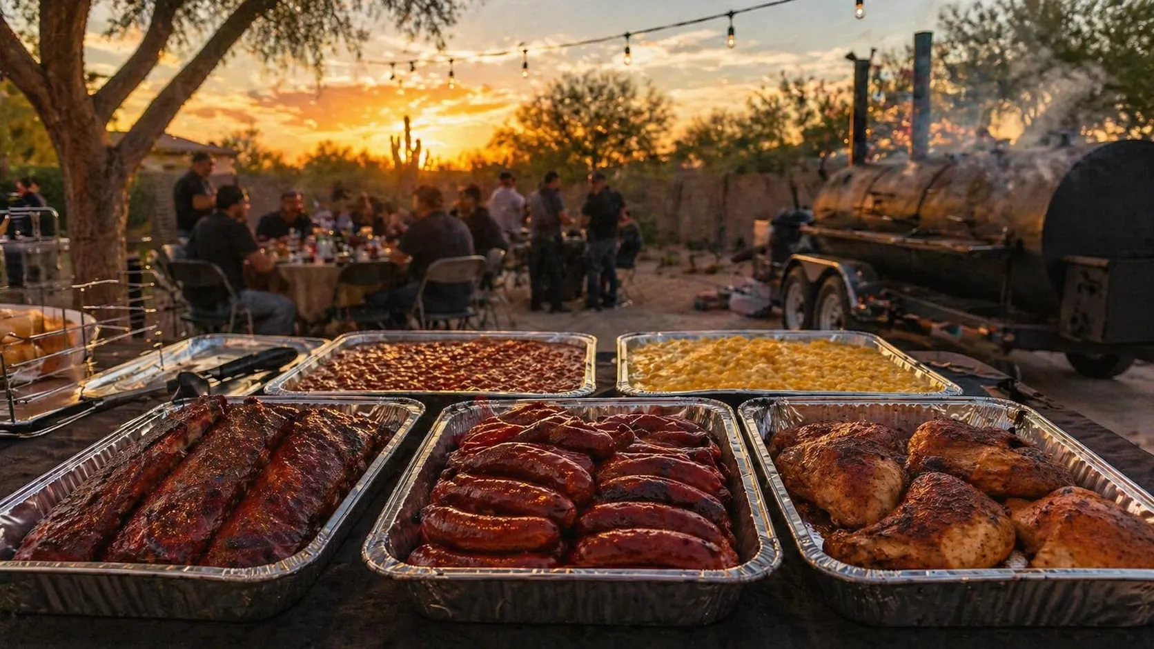 Golden-hour BBQ catering spread with buffet trays and string lights at a Phoenix event