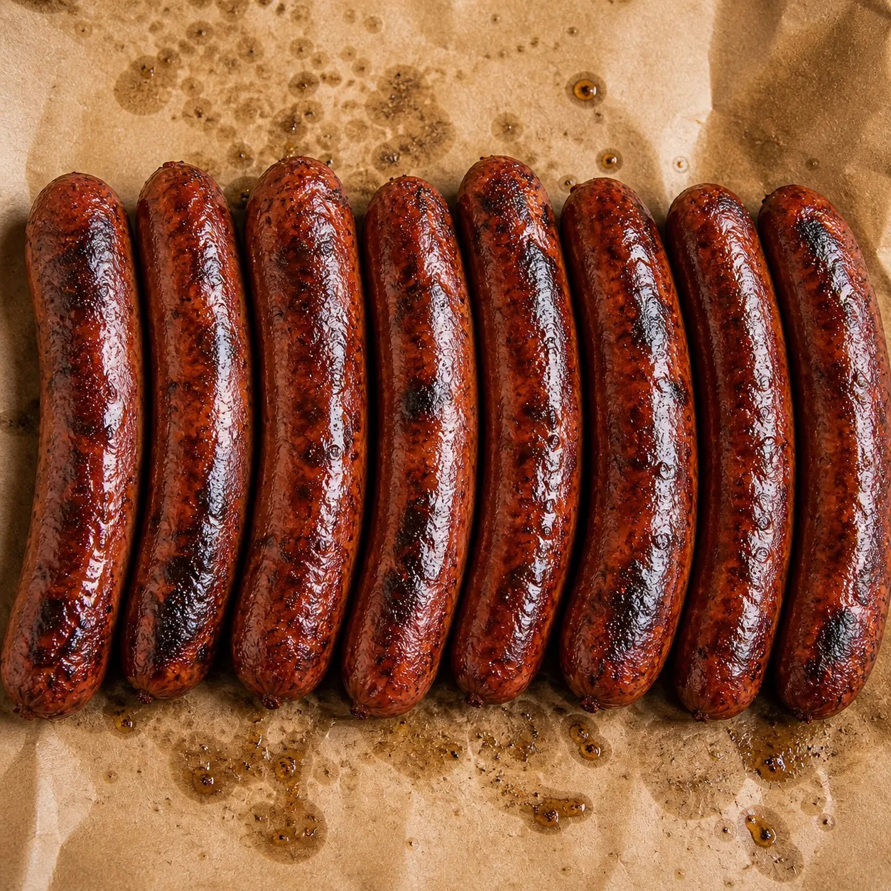 Three smoked beef hot-link sausages with a charred exterior