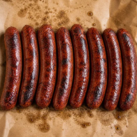 Three smoked beef hot-link sausages with a charred exterior
