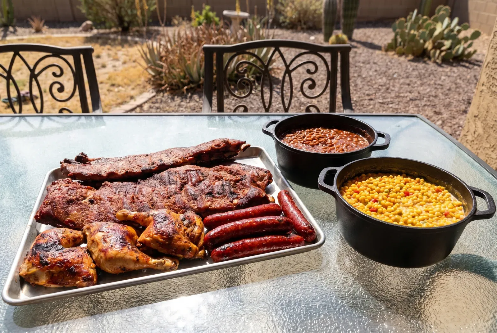 A spread of smoked beef hot-links and BBQ for the Bandit’s Bounty package