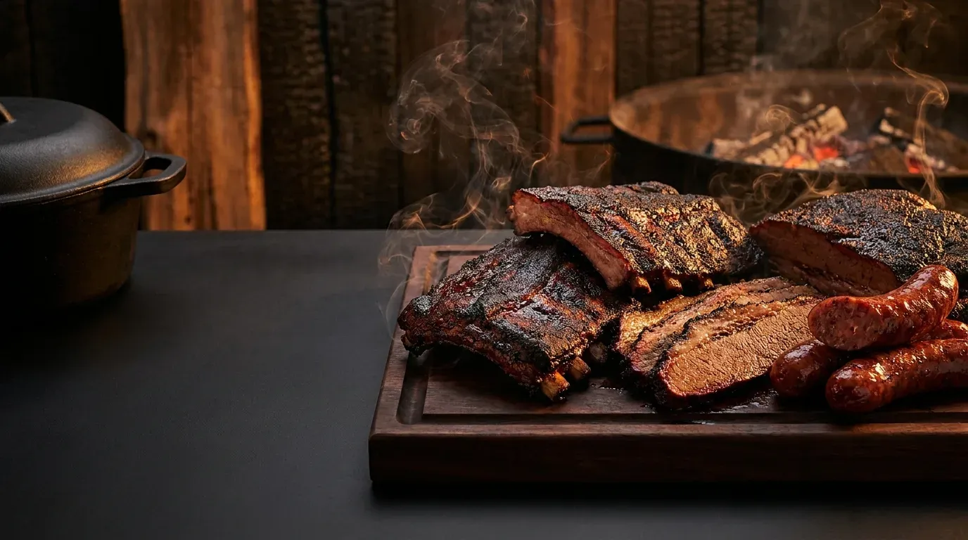 Smoked beef brisket sliced on a board