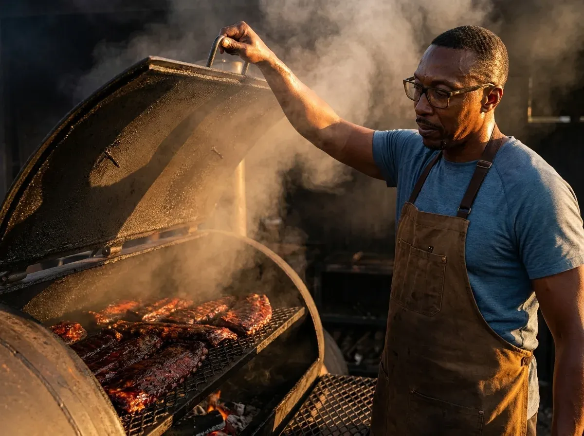 Pitmaster lifting the smoker lid to check racks of ribs amid rising smoke