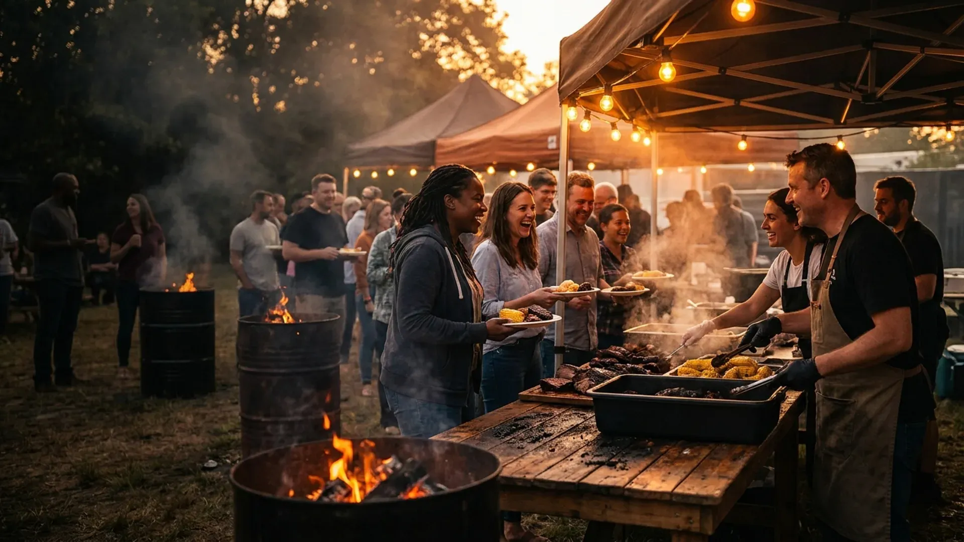 Community BBQ gathering with plates being served to a crowd