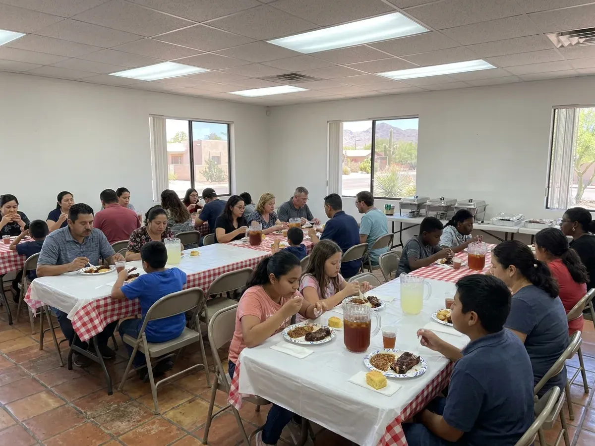 Church fellowship meal with families sharing Texas BBQ