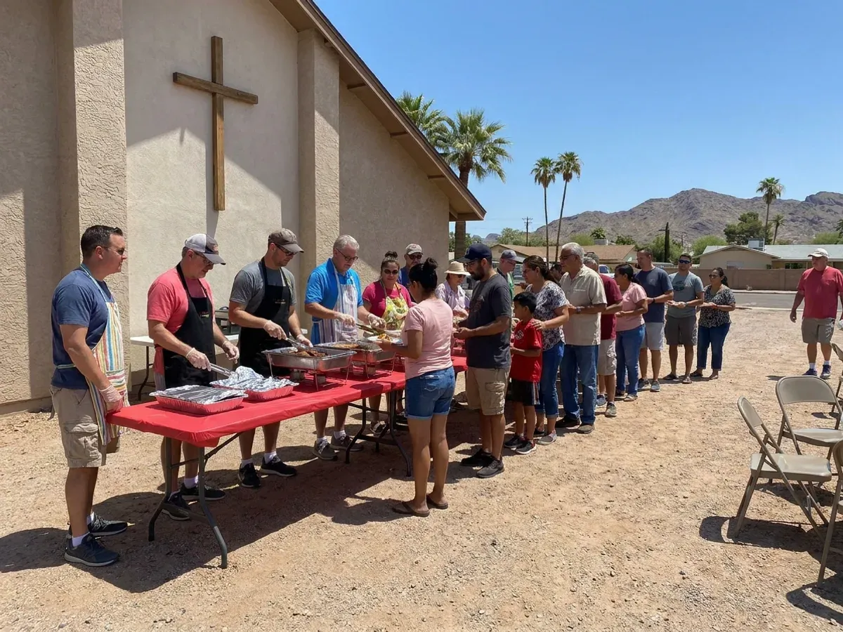 Volunteers serving BBQ plates to the community at an outreach event