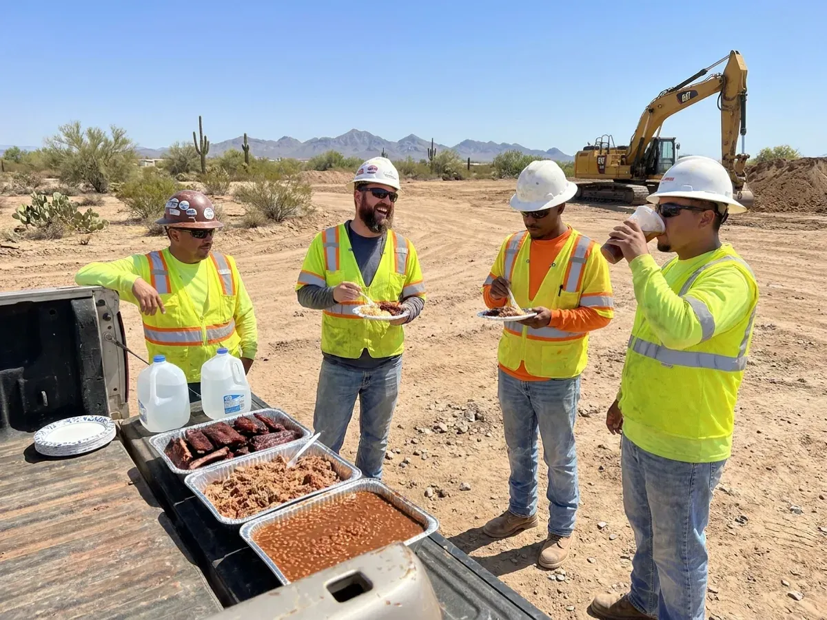 Hot BBQ lunch served to a hard-hat crew at a West Valley jobsite