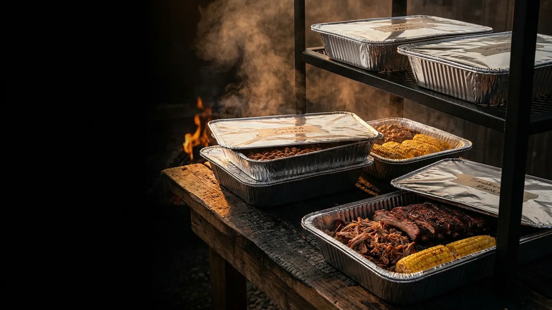 Drop-off BBQ catering in labeled foil pans ready to serve