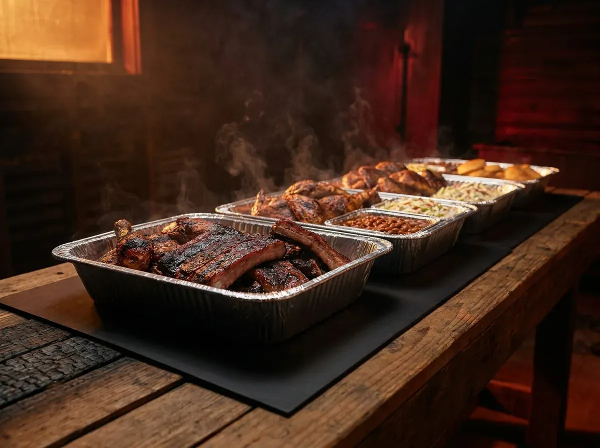 Drop-off BBQ catering in labeled foil pans ready to serve