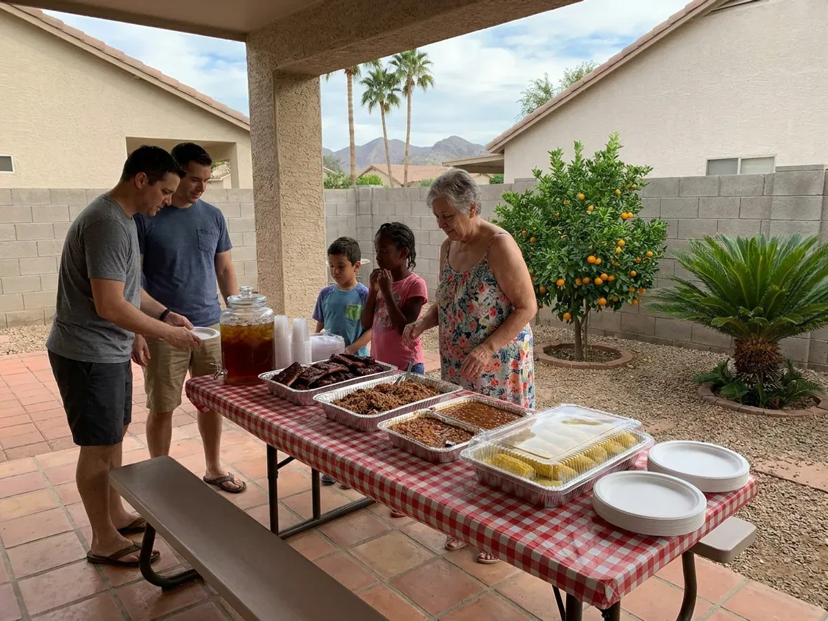 BBQ drop-off spread at a family backyard gathering