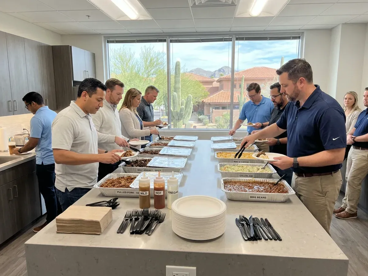 Drop-off BBQ catering set out for an office lunch in foil pans