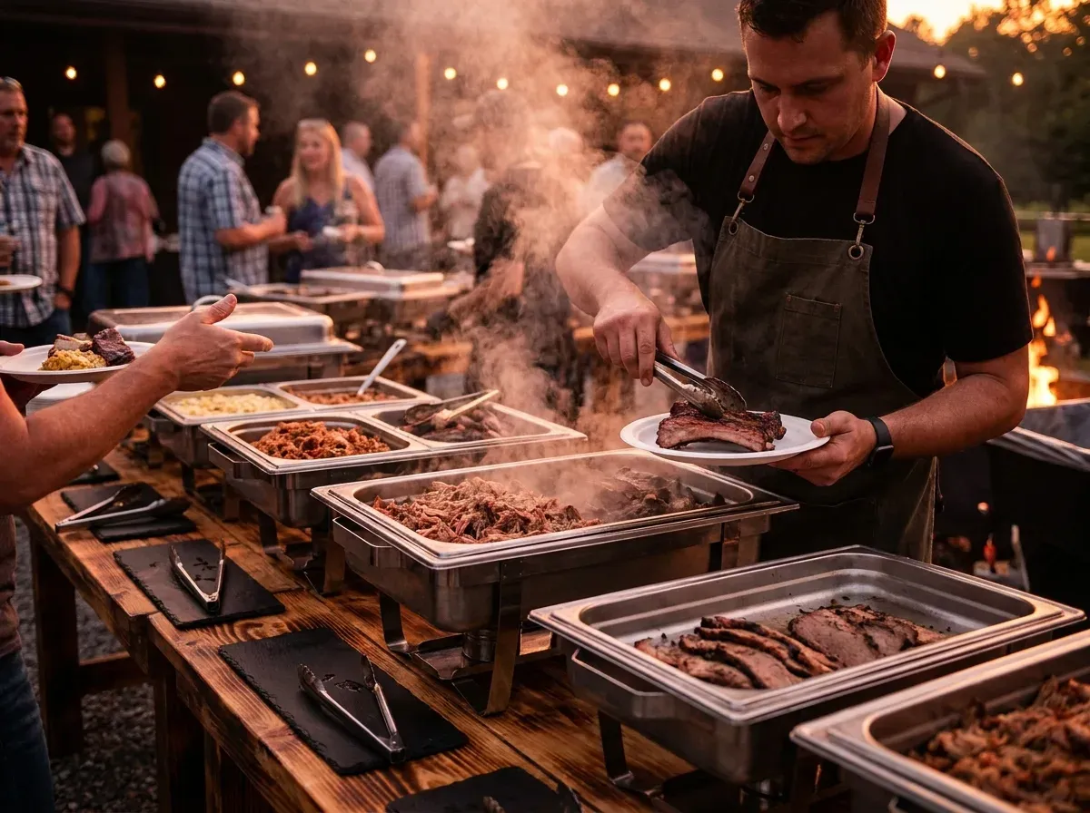 Full-service BBQ catering buffet with chafing trays and a server plating