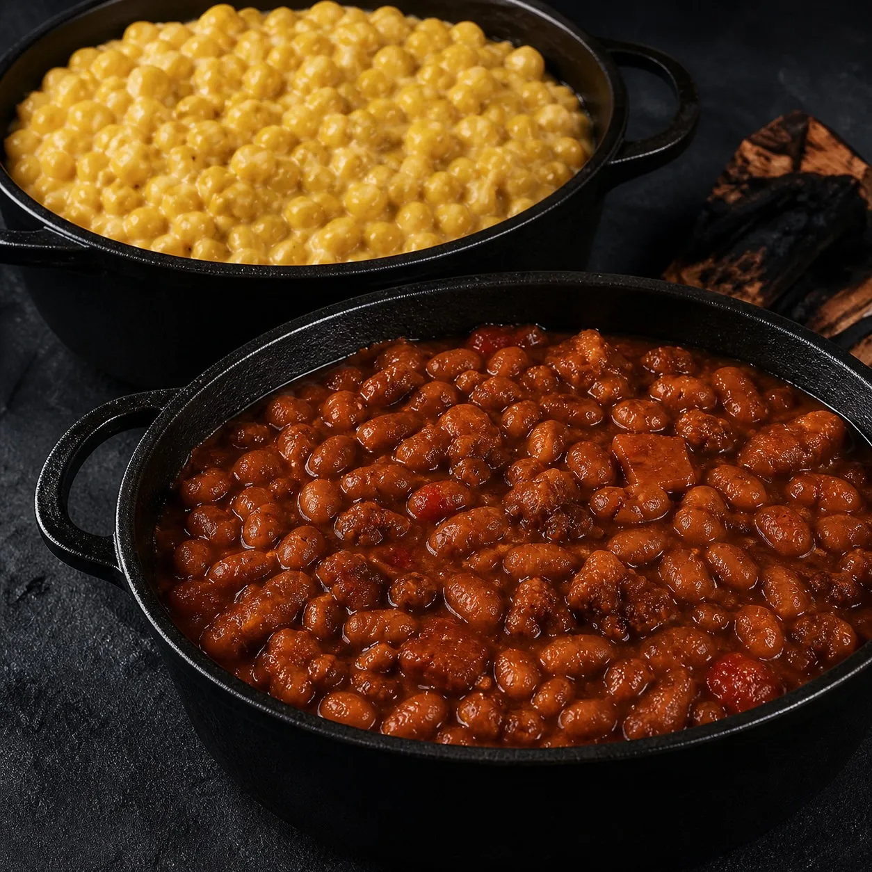 Cast-iron pots of homestyle BBQ baked beans and creamed corn