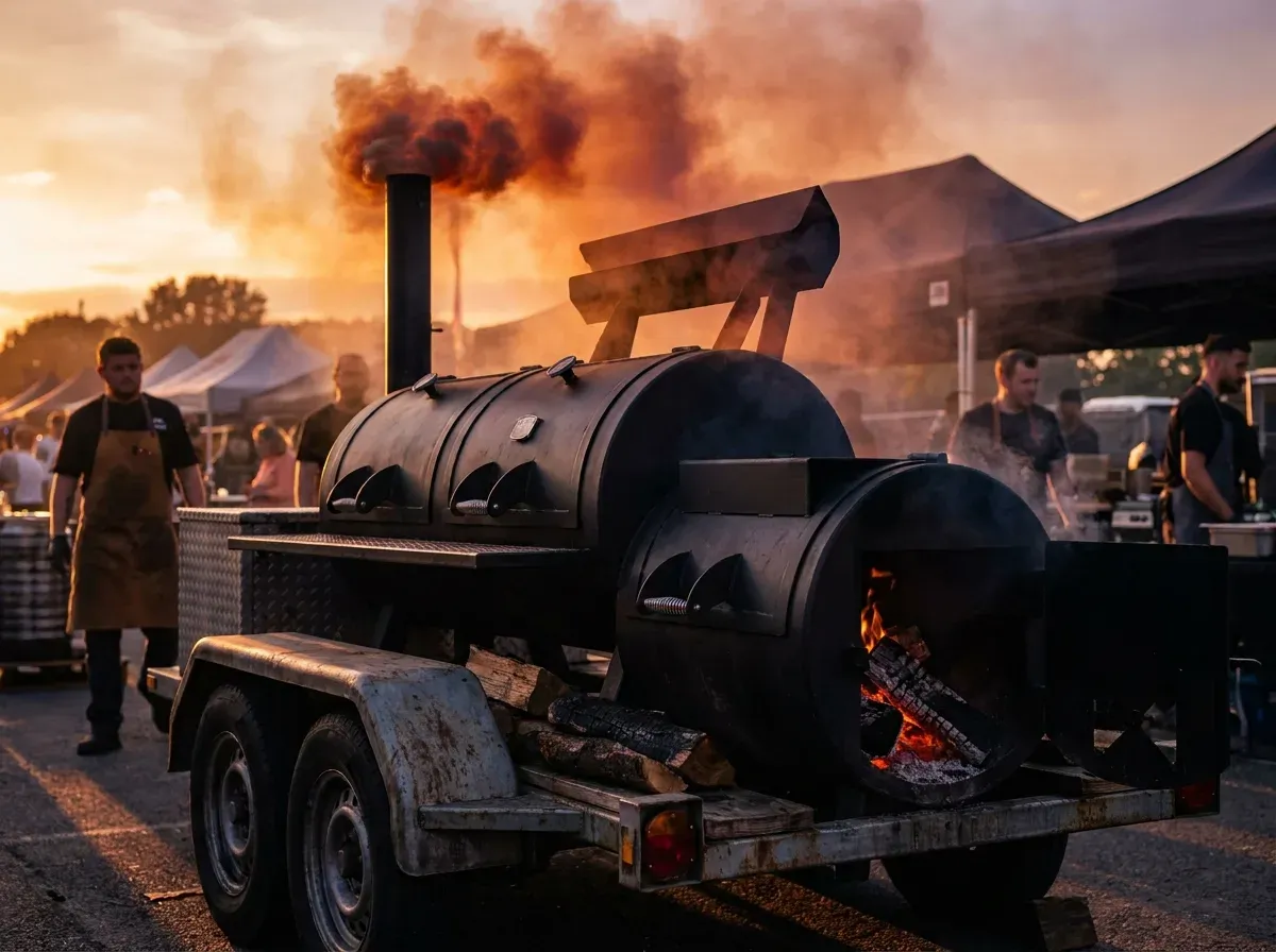 On-site offset smoker billowing smoke at an outdoor event