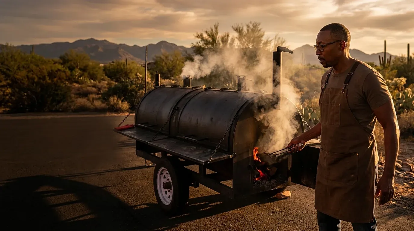 Pitmaster Jerry Willis tending his trailer smoker as smoke rises at desert golden hour