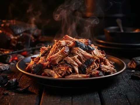 Mound of hand-pulled smoked pork shoulder