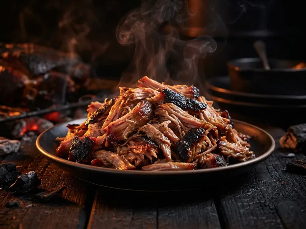 Mound of hand-pulled smoked pork shoulder