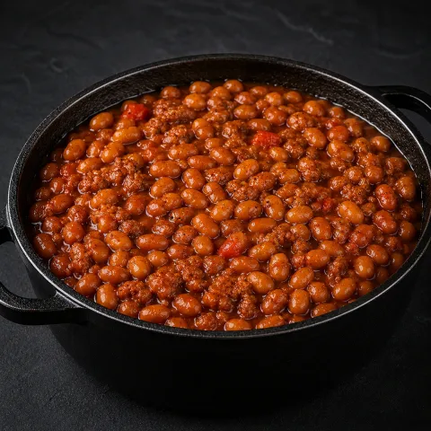 Cast-iron pot of smoky BBQ baked beans