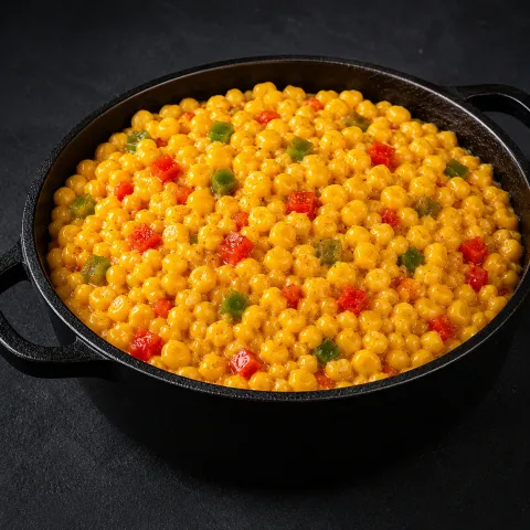 Cast-iron pot of Southwest creamed corn with peppers
