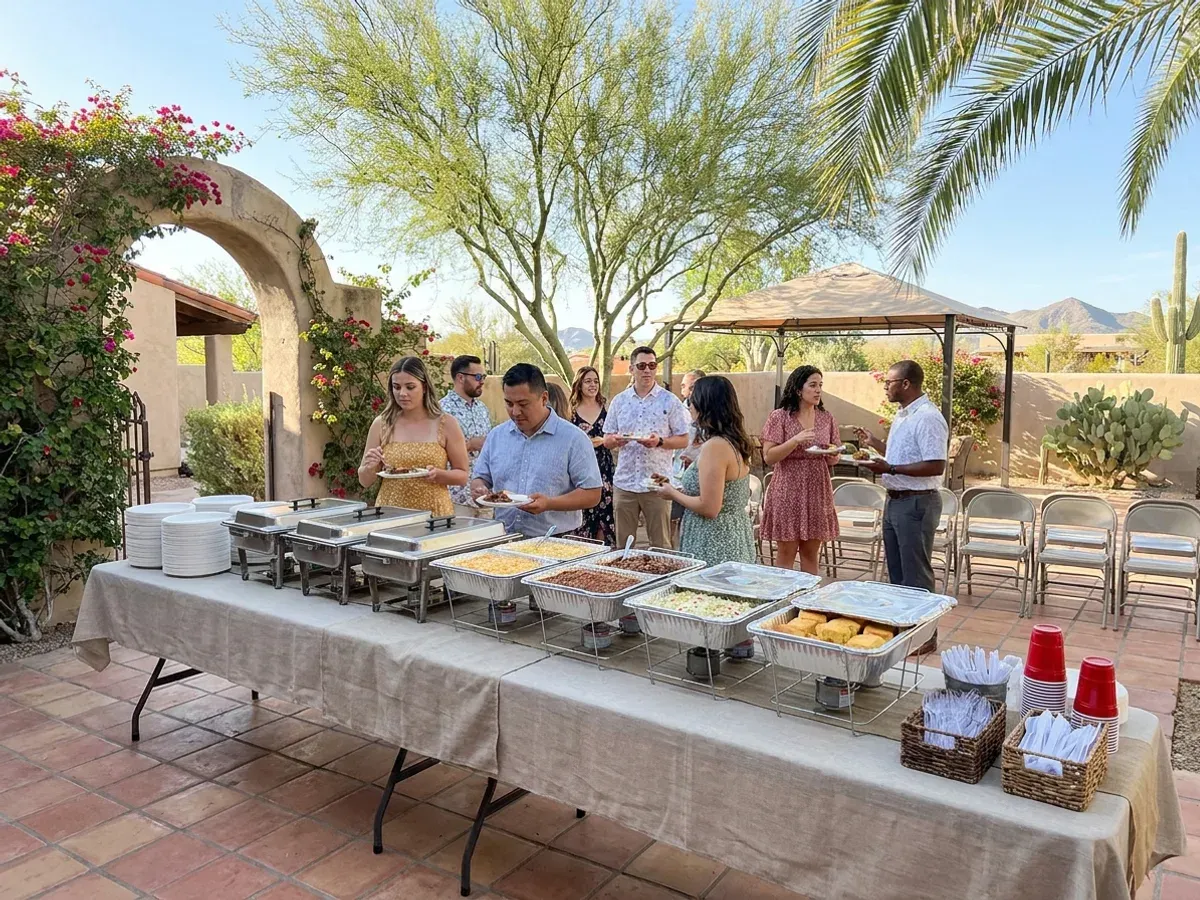 Rustic-elegant wedding BBQ buffet with guests serving themselves