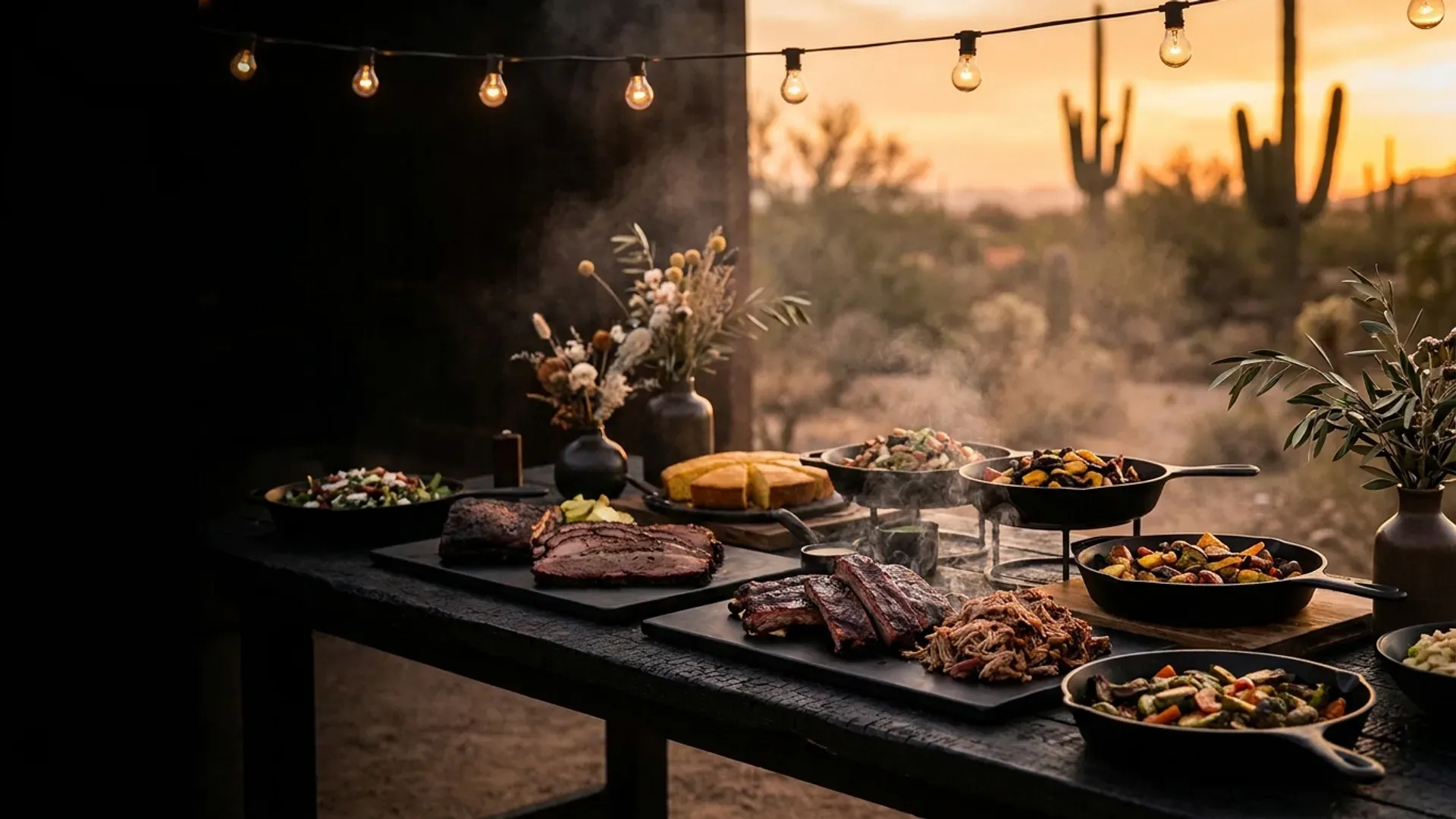 Elegant outdoor wedding BBQ buffet at a Phoenix venue at golden hour