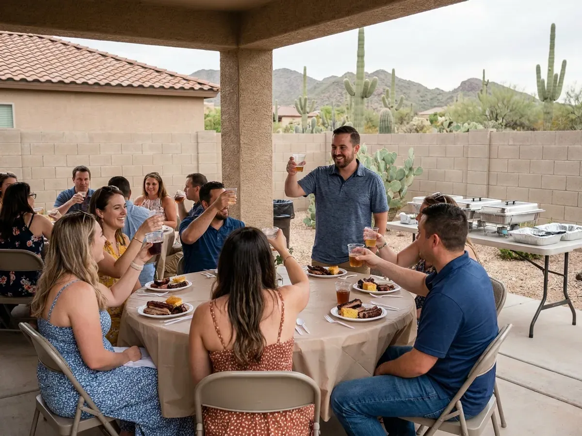 Wedding guests enjoying Texas BBQ at a golden-hour reception